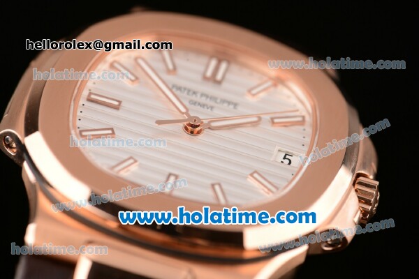 Patek Philippe Nautilus Swiss ETA 2824 Automatic Rose Gold Case with Brown Leather Bracelet White Dial and Stick Markers - ZF - Click Image to Close